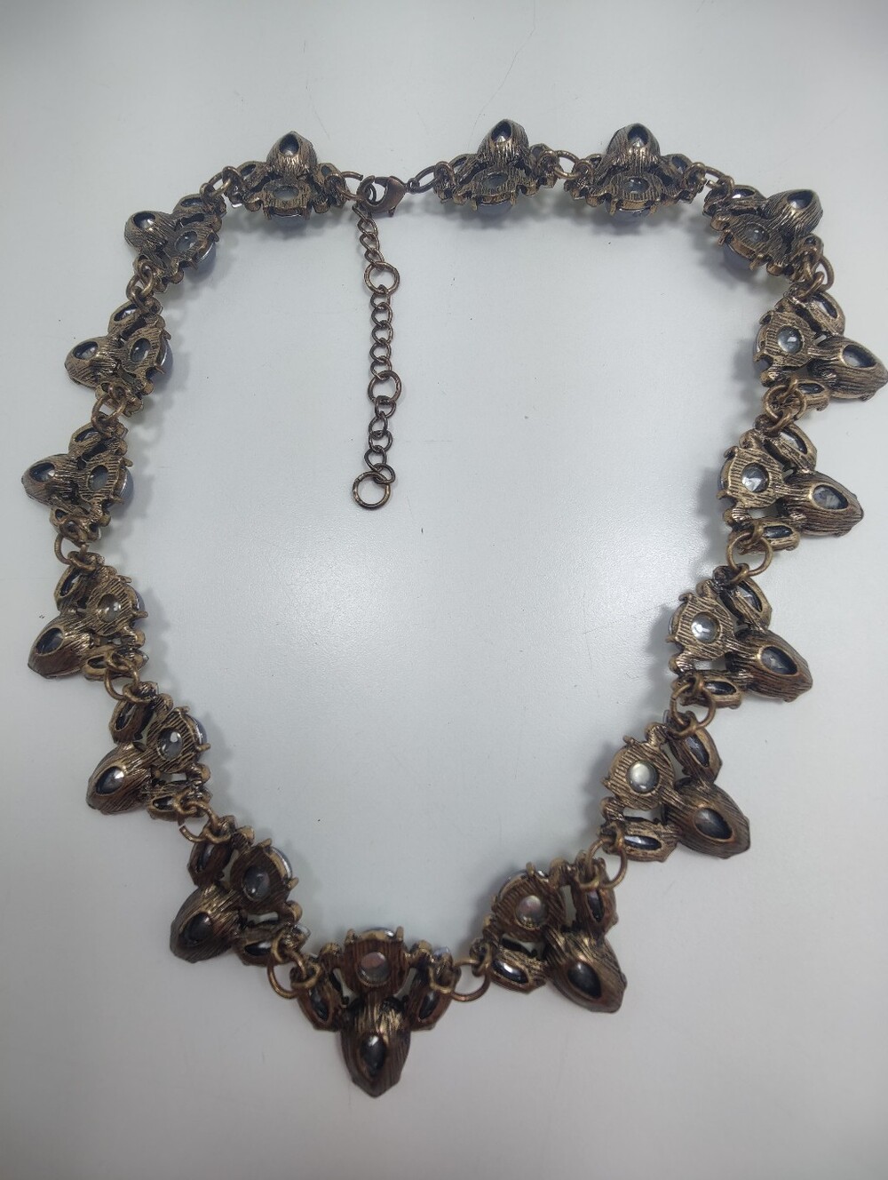 Vintage Style Lavender Green Statement Necklace Bronze Tone Rhinestone Floral - Picture 7 of 10